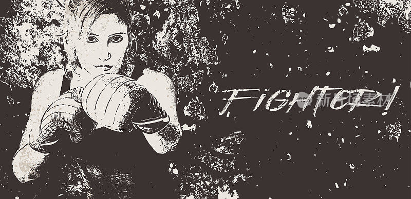 Boxing woman banner - textured black and white background
